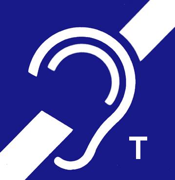 Międzynarodowy znak pętli indukcyjnej. Przekreślone białe ucho na niebieskim tle. W prawym, dolnym rogu litera T.